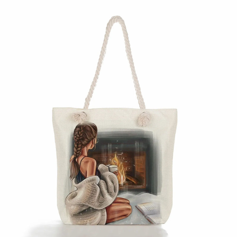 Cartoon Coffee Girl Print Reusable Shopping Bag Eco Friendly Handbag