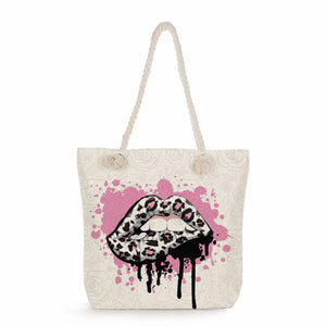 Leopard Lips Print Beach Tote Bag Reusable Shopping Thick Rope Travel Shoulder