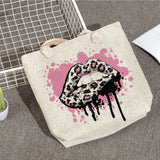 Leopard Lips Print Beach Tote Bag Reusable Shopping Thick Rope Travel Shoulder