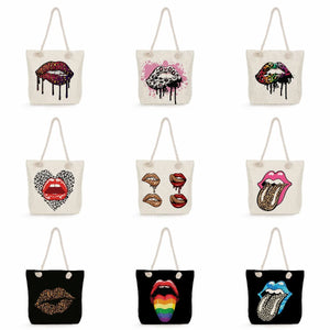 Leopard Lips Print Beach Tote Bag Reusable Shopping Thick Rope Travel Shoulder