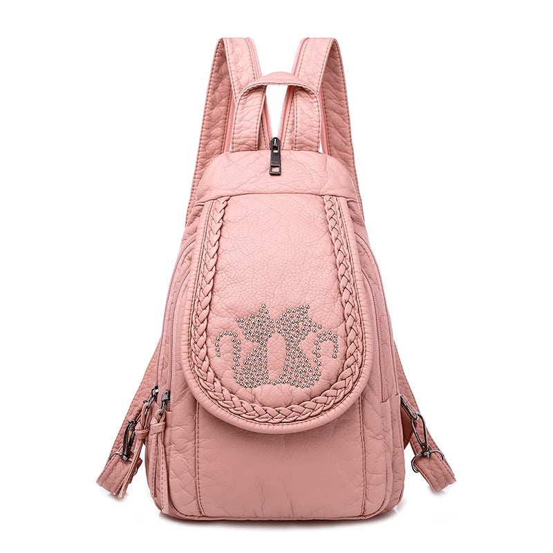 High Leather Backpack for Women School Bag Teenage Girls Female Travel