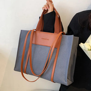 Canvas & Leather Shoulder Bag for Women - Large Capacity Handbag
