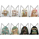 Casual Portable School Bag Drawstring Backpack Plant Sloth Print Gift