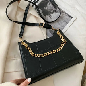 Casual Stone-grain Pu Leather Shoulder Bag Crossbody Chain Strap Square Bag