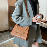Casual Stone-grain Pu Leather Shoulder Bag Crossbody Chain Strap Square Bag