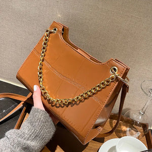 Casual Stone-grain Pu Leather Shoulder Bag Crossbody Chain Strap Square Bag