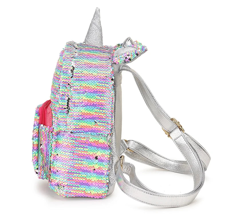 Sequined Silver Unicorn Backpack Zipper Travel Bag School Bag Mochila