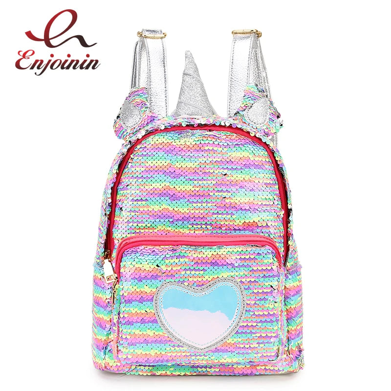 Sequined Silver Unicorn Backpack Zipper Travel Bag School Bag Mochila