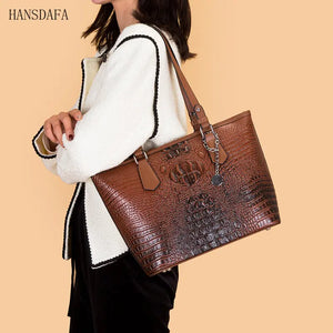 Vintage Crocodile Pattern Leather Handbag Large Tote Sac