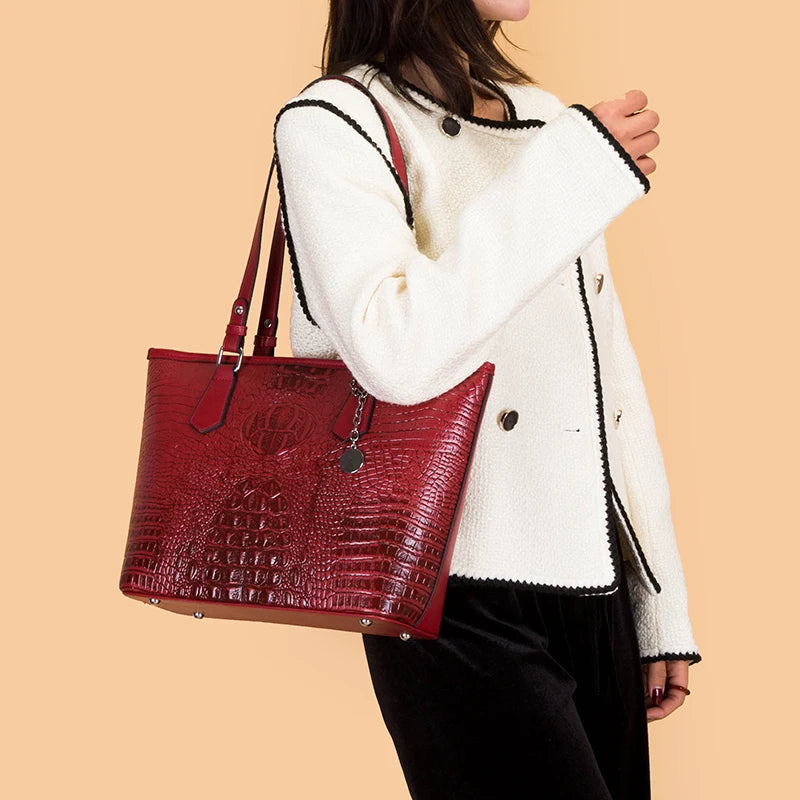 Vintage Crocodile Pattern Leather Handbag Large Tote Sac