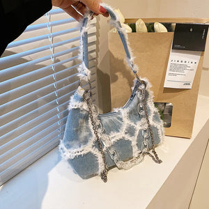 High Denim Bags Women's Net Red Texture Underarm Shoulder Bag Chain Messenger