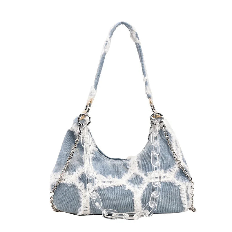 High Denim Bags Women's Net Red Texture Underarm Shoulder Bag Chain Messenger