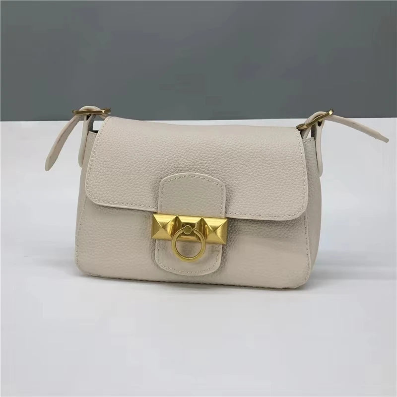 High Female Layer Cowhide Texture Shoulder Bag Purse Leather Small Square