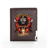 Firefighter 343 Skull Leather Wallet Slim Credit Card Holders Short Purses