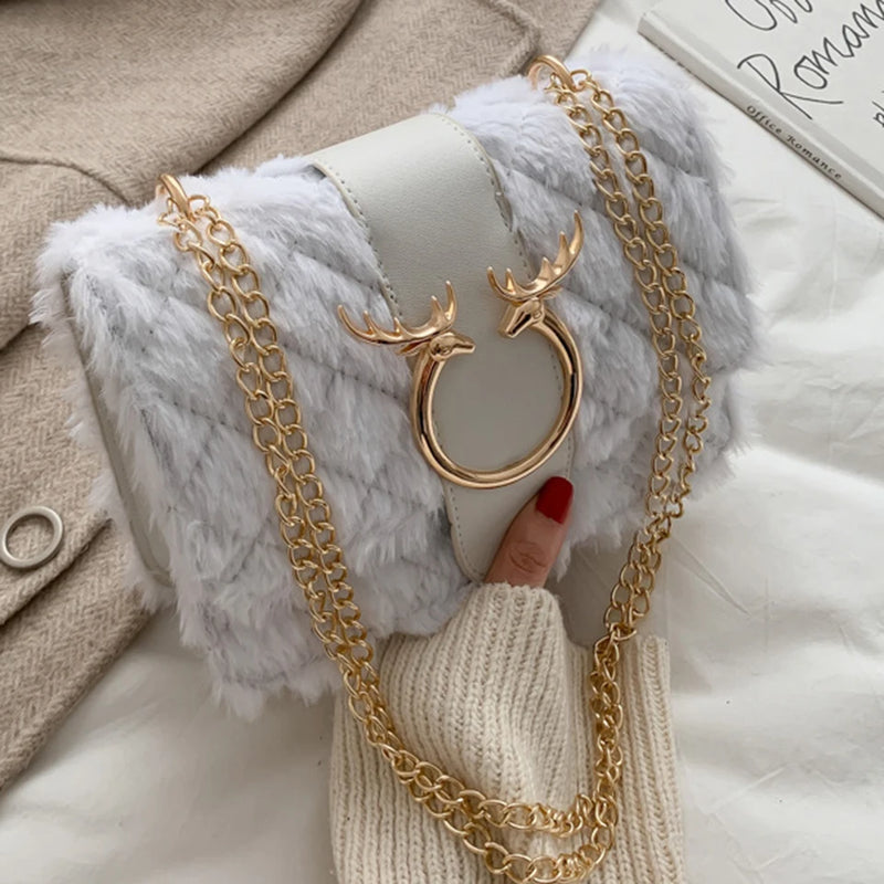 Plush Leather Chain Shoulder Bag Women Crossbody Winter Handbag