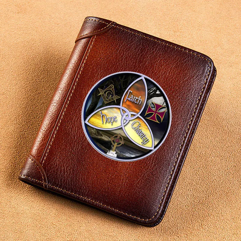 Leather Wallet Freemason Knight Cross Faith Hope Charity Short Purse BK1490