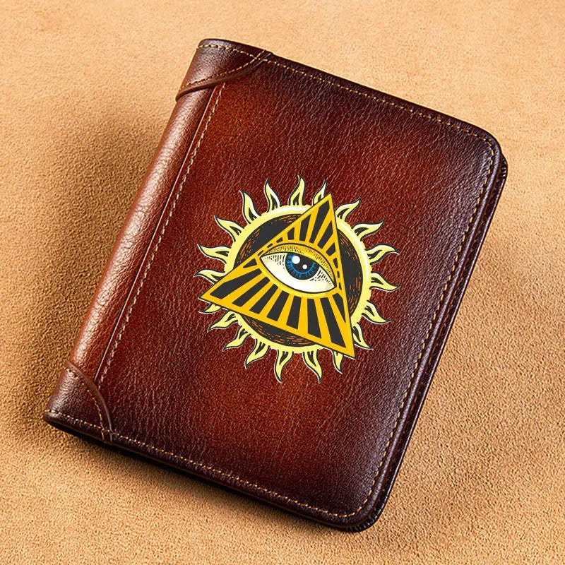Leather Wallet Masonic Sun Eye Print Short Purse