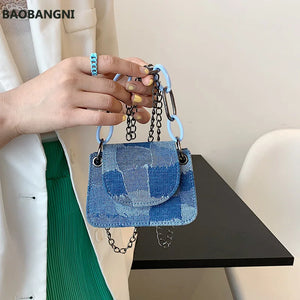 Square Denim Shoulder Bag Magnetic Buckle Chain Handbag