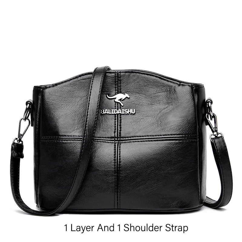High Leather Crossbody Bag For Women 3 Layers 2 Shoulder Strap Messenger Bag