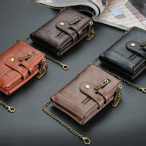 Men's Leather Short Wallet Multi-card Male Purse Zipper Pouch Retro Chain Money