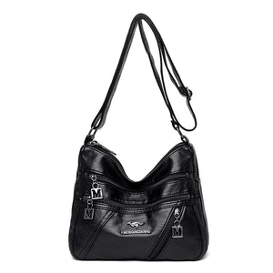 Soft Wash Leather Women Crossbody Shoulder Bag Multi-Pocket