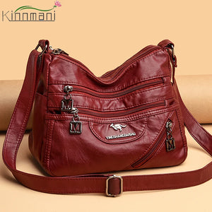 Soft Wash Leather Women Crossbody Shoulder Bag Multi-Pocket