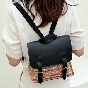 PU Leather Women Backpack Woven Bag Buckle Storage Leisure Booktags
