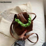 Stylish PU Leather Shoulder Bag Hit Color Bucket Bag