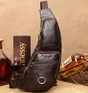Real Cowhide Men Shoulder Chest Bag Retro Travel Sling Rucksack