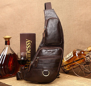 Real Cowhide Men Shoulder Chest Bag Retro Travel Sling Rucksack