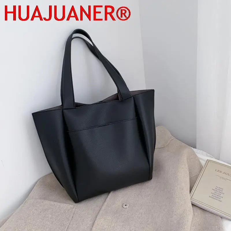 Soft Leather Woman Tote Shopper Handbag with Outer Pocket