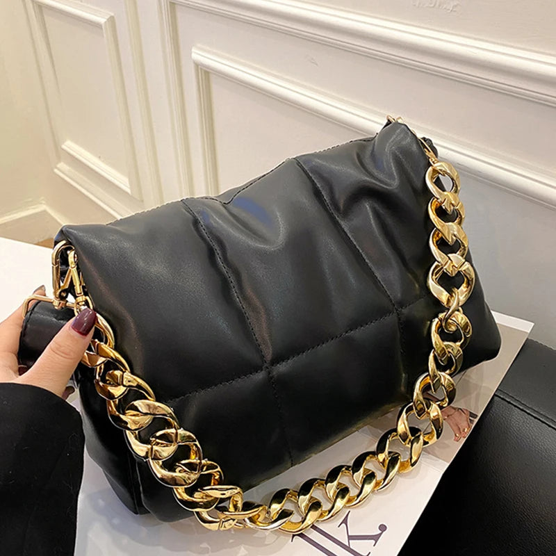 Soft Leather Messenger Bag with Thick Chains Crossbody Bag Down Handbag