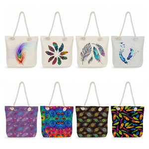 Feather Print Rope Beach Tote Bag, Eco Reusable Handbag for Women