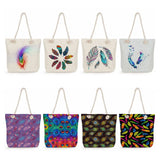 Feather Print Rope Beach Tote Bag, Eco Reusable Handbag for Women