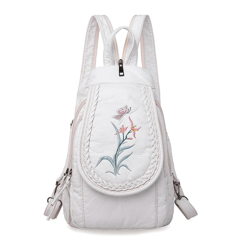 Women Backpack School Bags for Teenage Girls Leather Embroidery Flowers