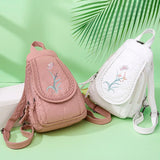 Women Backpack School Bags for Teenage Girls Leather Embroidery Flowers