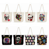 Floral Skull Print Shoulder Bag Large Capacity Halloween Tote