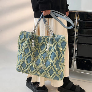 Casual Canvas Chains Tote Bag Vintage Denim Handbag Women Shoulder Bags