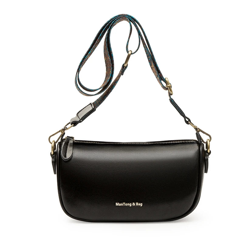 Oil Wax Cow Leather Crossbody Bag Wide Strap Messenger Handbag