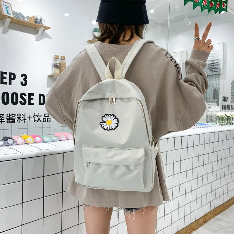 Teen Girl School Backpack Daisy Print Solid College Student Bag