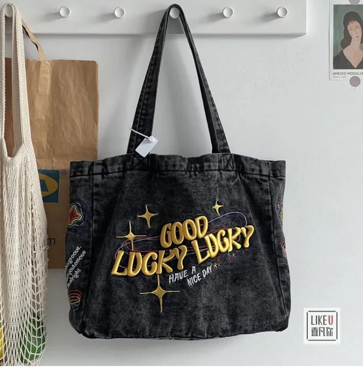 Denim Tote Book Bag Student Messenger Bag