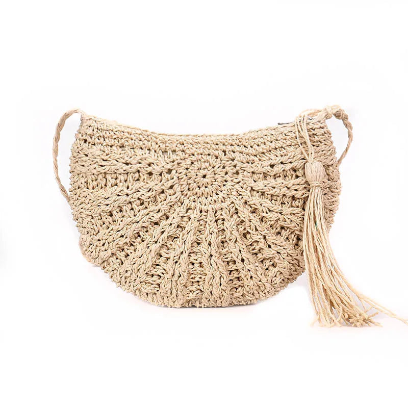 Tassel Rattan Beach Bag Straw Bucket Bag with Tassels