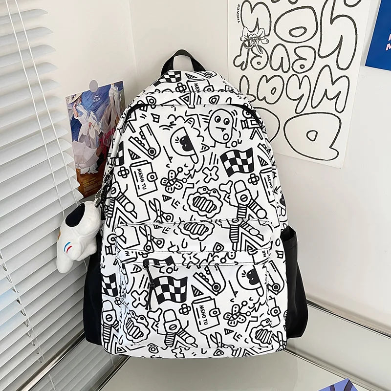 High School Girls Graffiti Print Backpack Large Capacity