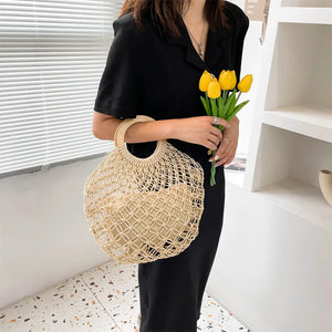 Vintage Straw Woven Beach Handbag Hollowed Out Holiday Bag