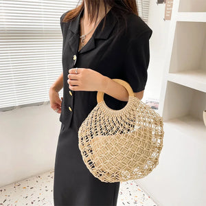 Vintage Straw Woven Beach Handbag Hollowed Out Holiday Bag