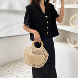 Vintage Straw Woven Beach Handbag Hollowed Out Holiday Bag