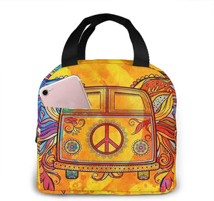 Hippie Vintage Car Mini Van Peace Sign Insulated Lunch Box Tote Bag
