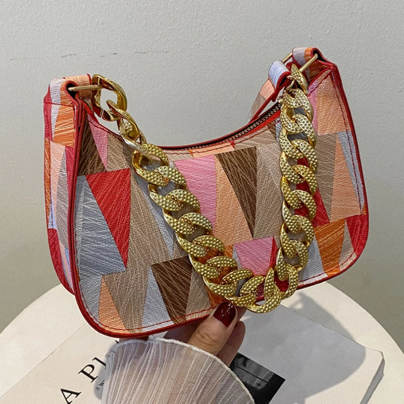 Hobos Crossbody Bag Women Small Tote Bag Thick Chain Colorful Triangle Printed T