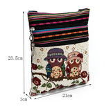 Canvas Owl Print Mini Flap Shoulder Handbag Double Zipper Women Messenger Bag