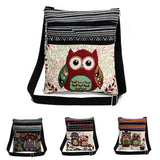 Canvas Owl Print Mini Flap Shoulder Handbag Double Zipper Women Messenger Bag